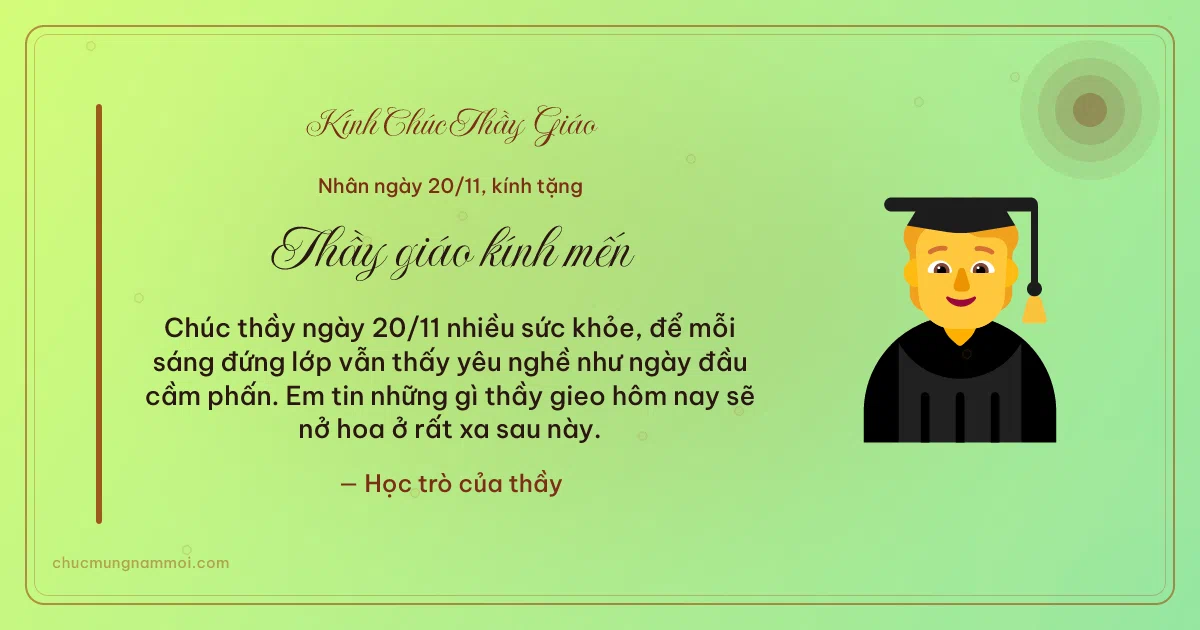 Thiệp ngày 20/11 cho thầy giáo: Học trò trên nền xanh lúa non. Chúc thầy ngày 20/11 nhiều sức khỏe… (Bản ngang)