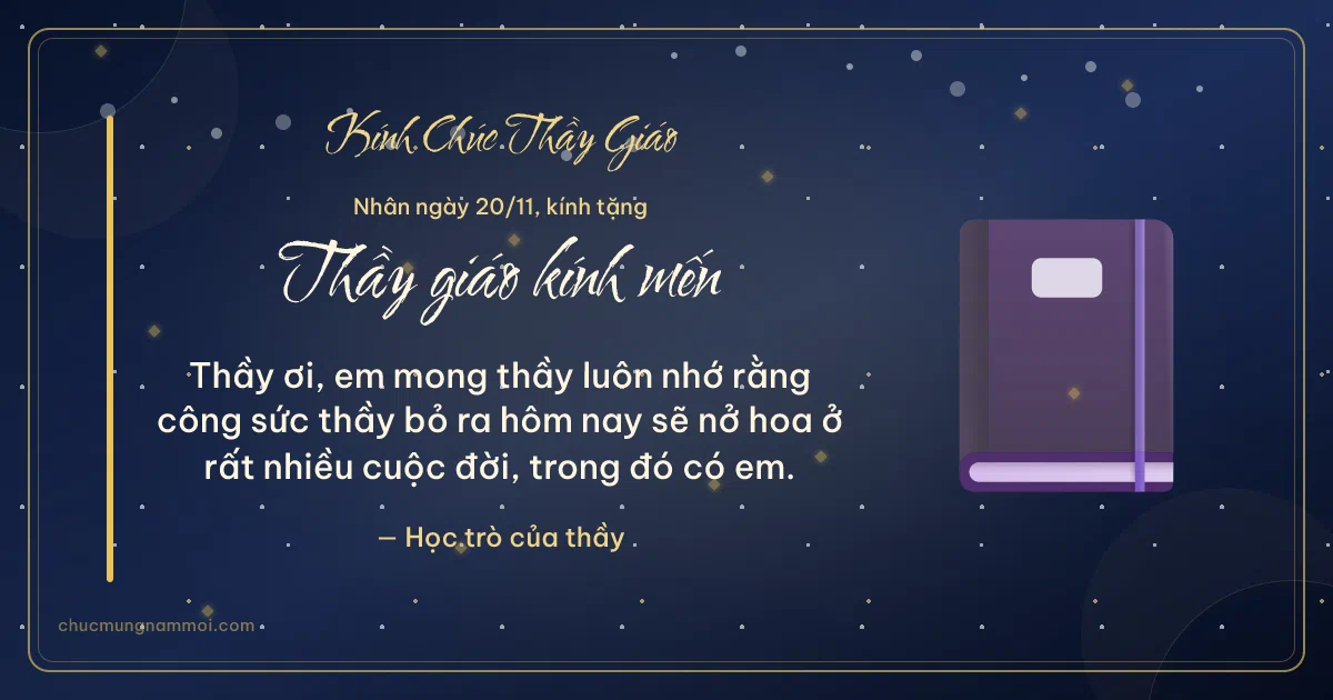 Thiệp ngày 20/11 cho thầy giáo: Quyển vở trên nền xanh than ánh kim. Thầy ơi, em mong thầy luôn nhớ… (Bản ngang)