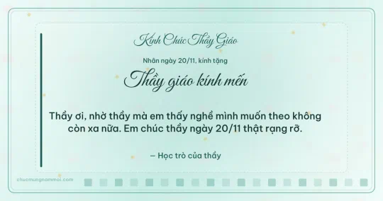 Thiệp ngày 20/11: Xanh ngọc nước dịu dàng tặng thầy giáo