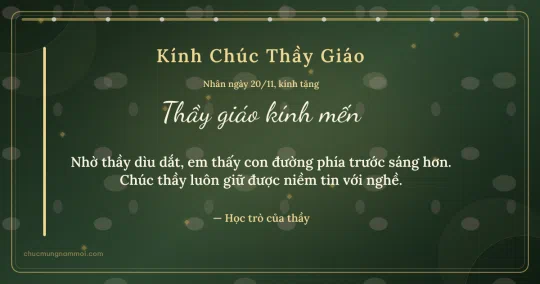 Thiệp ngày 20/11 cho thầy giáo: Kim tuyến vàng và chuỗi chấm trên nền xanh rêu đậm