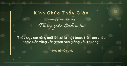 Thiệp ngày 20/11 cho thầy giáo: Kim tuyến vàng và nắng mai trên nền xanh rêu đậm