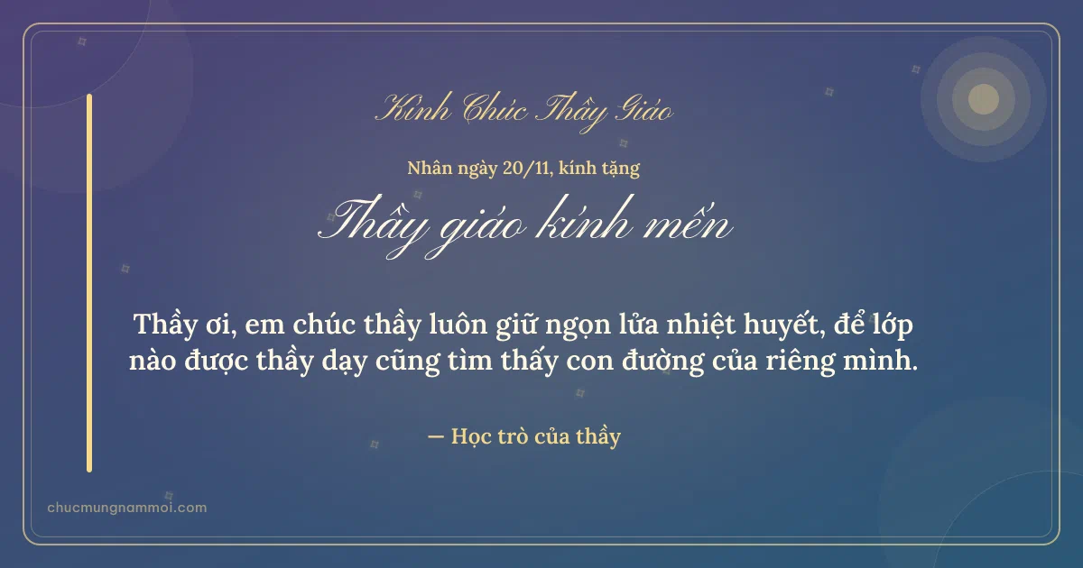 Thiệp ngày 20/11 cho thầy giáo: Nắng mai và sao băng trên nền xanh tím. Thầy ơi, em chúc thầy luôn giữ ngọn lửa nhiệt huyết… (Bản ngang)