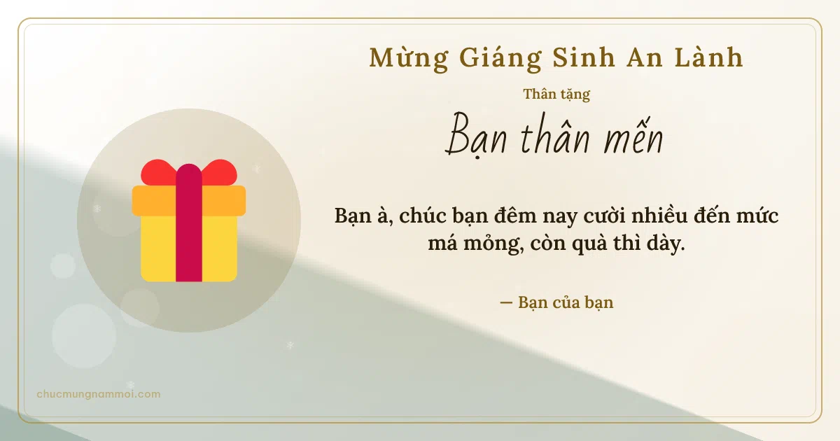 Thiệp Giáng sinh cho bạn bè: Hộp quà và tuyết rơi. Bạn à, chúc bạn đêm nay cười nhiều đến mức má mỏng… (Bản ngang)
