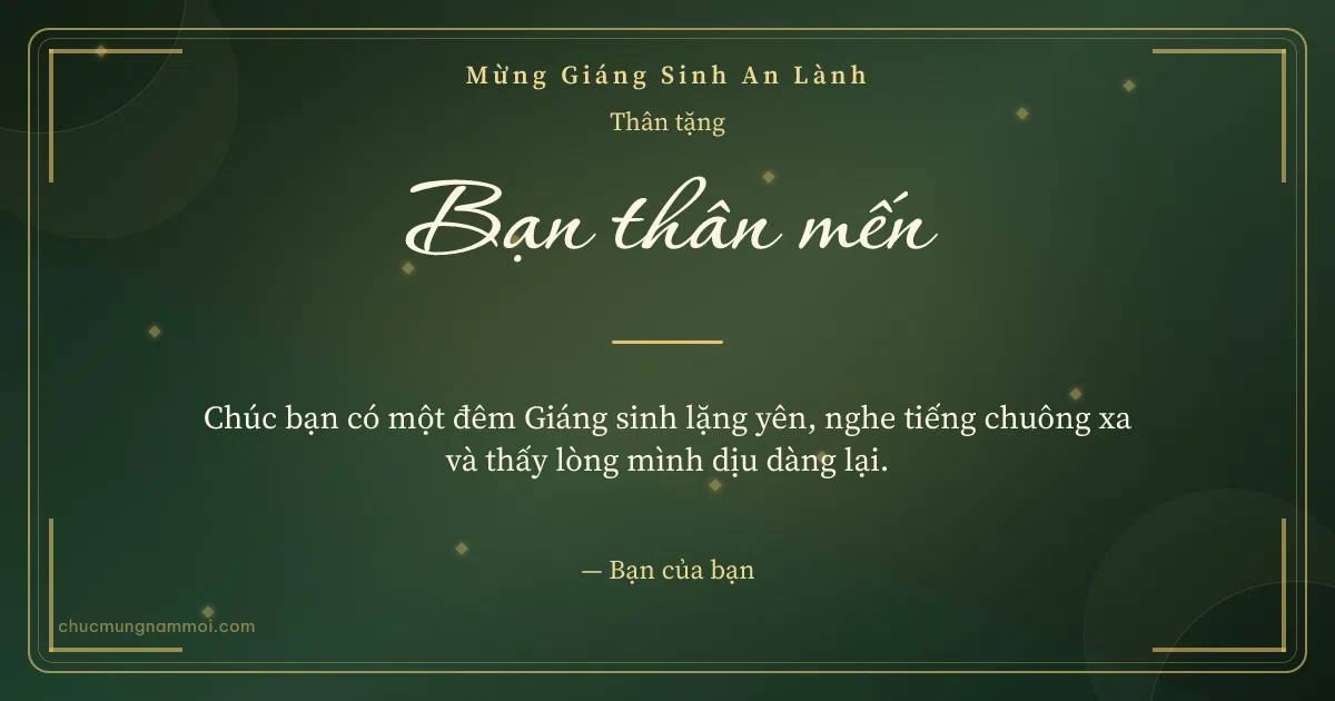 Thiệp Giáng sinh cho bạn bè: Kim tuyến đêm Noel trên nền xanh rêu đậm. Chúc bạn có một đêm Giáng sinh lặng yên… (Bản ngang)