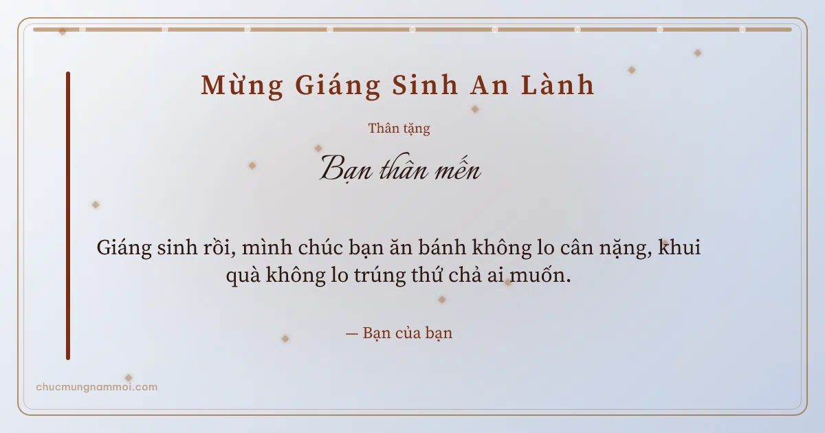 Thiệp Giáng sinh cho bạn bè: Kim tuyến và chuỗi chấm trên nền sương bạc. Giáng sinh rồi, mình chúc bạn ăn bánh không lo cân nặng… (Bản ngang)