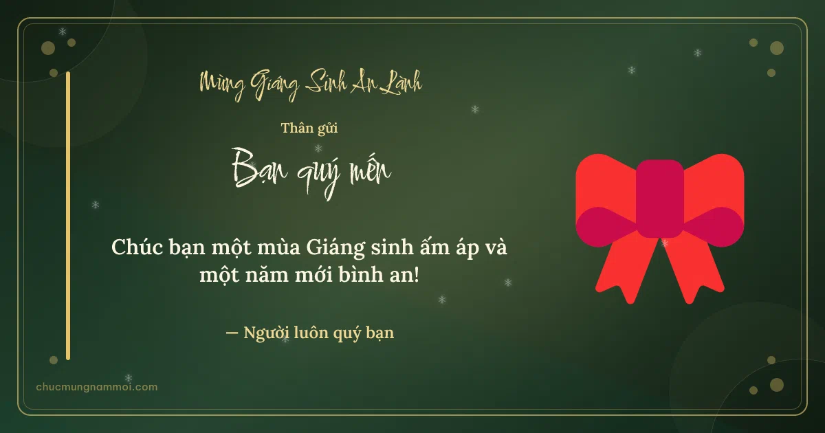 Thiệp Giáng sinh: Chiếc nơ trên nền xanh rêu đậm. Chúc bạn một mùa Giáng sinh ấm áp và một năm mới bình an! (Bản ngang)