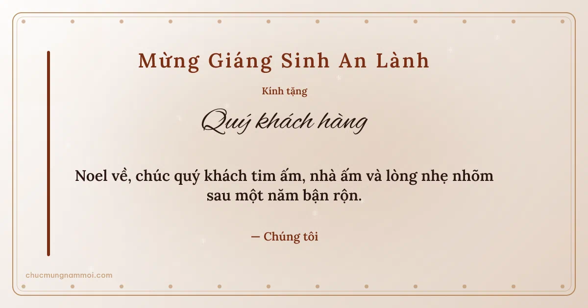 Thiệp Giáng sinh cho khách hàng: Tuyết rơi và chấm tròn trên nền giấy dó. Noel về, chúc quý khách tim ấm, nhà ấm… (Bản ngang)