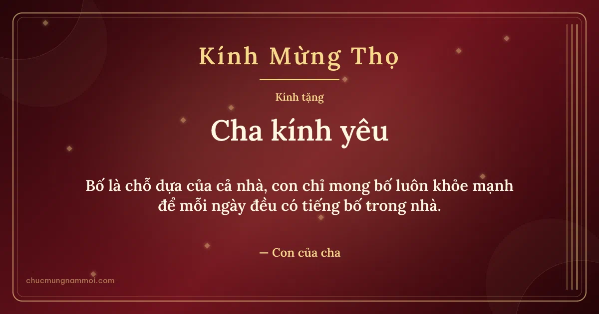 Thiệp mừng thọ cho cha: Kim tuyến và sọc dọc trên nền đỏ son. Bố là chỗ dựa của cả nhà, con chỉ mong bố luôn khỏe mạnh… (Bản ngang)
