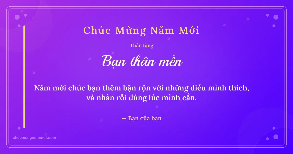 Thiệp cho bạn bè: Sao băng chào năm mới trên nền tím thạch anh. Năm mới chúc bạn thêm bận rộn với những điều mình thích… (Bản ngang)