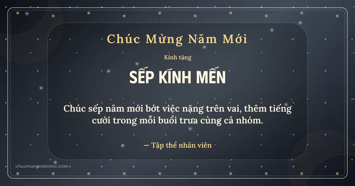 Thiệp năm mới cho sếp: Kim tuyến và hạt chấm trên nền xám bạc. Chúc sếp năm mới bớt việc nặng trên vai… (Bản ngang)