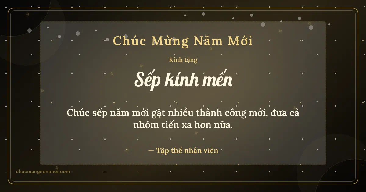 Thiệp năm mới cho sếp: Sao băng và sao nhỏ trên nền đen ánh kim. Chúc sếp năm mới gặt nhiều thành công mới… (Bản ngang)
