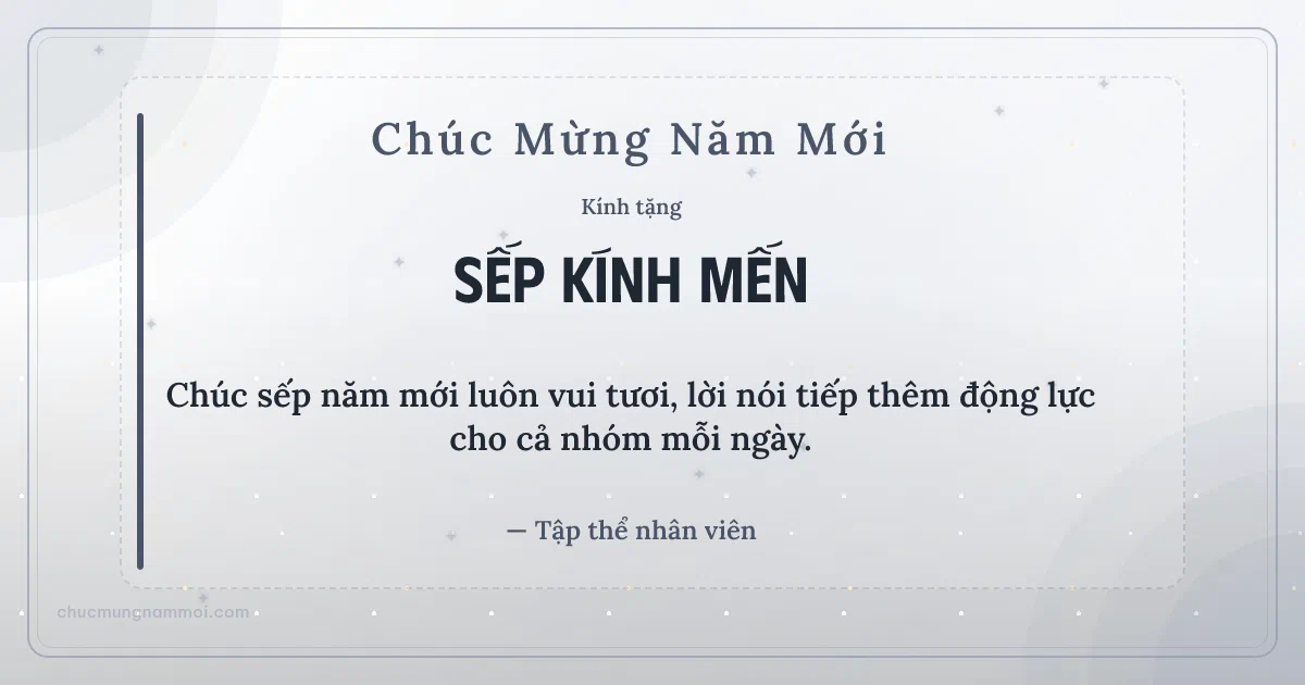 Thiệp năm mới cho sếp: Sao lấp lánh trên nền trắng ánh bạc. Chúc sếp năm mới luôn vui tươi… (Bản ngang)
