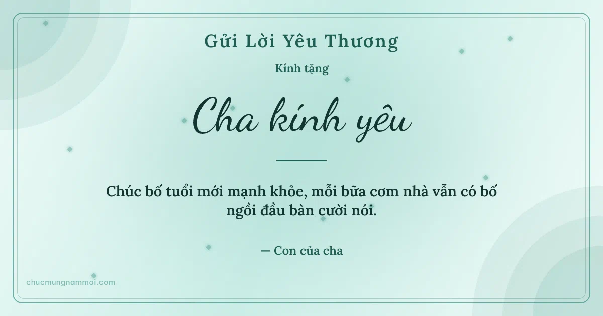 Thiệp cá nhân cho cha: Kim tuyến trên nền xanh ngọc nước. Chúc bố tuổi mới mạnh khỏe… (Bản ngang)