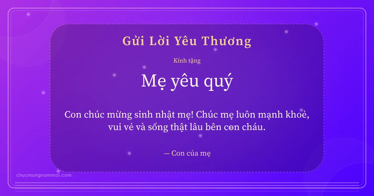 Thiệp cá nhân cho mẹ: Kim tuyến và sọc mảnh trên nền tím thạch anh. Con chúc mừng sinh nhật mẹ! Chúc mẹ luôn mạnh khoẻ, vui vẻ… (Bản ngang)