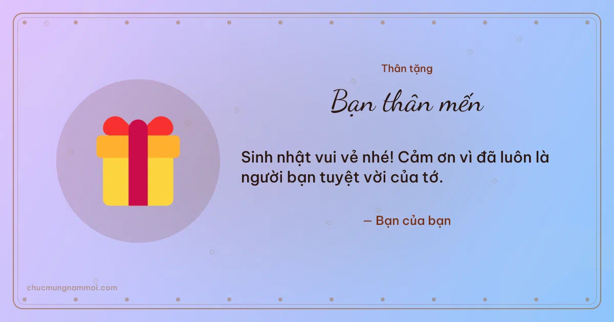 Thiệp sinh nhật cho bạn bè: Hộp quà trên nền tím tử đằng. Sinh nhật vui vẻ nhé! Cảm ơn vì đã luôn là người bạn tuyệt v (Bản ngang)