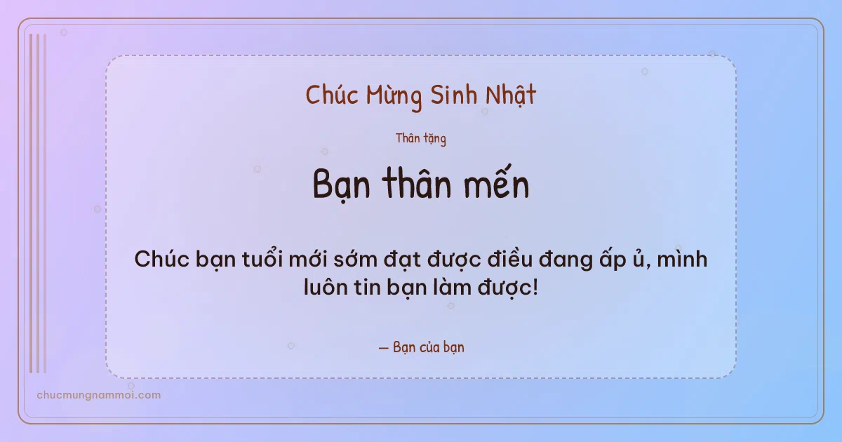 Thiệp sinh nhật cho bạn bè: Bong bóng tuổi mới trên nền tím tử đằng. Chúc bạn tuổi mới sớm đạt được điều đang ấp ủ, mình luôn tin (Bản ngang)