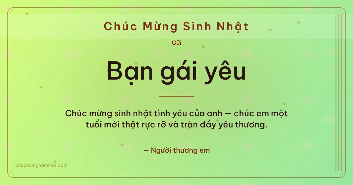 Thiệp sinh nhật cho bạn gái: Sao lấp lánh và sọc dọc trên nền xanh lúa non. Chúc mừng sinh nhật tình yêu của anh — chúc em một tuổi mới  (Bản ngang)