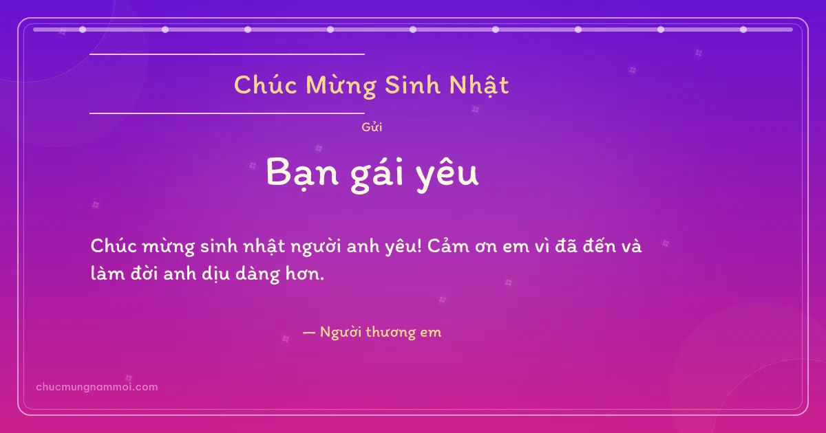 Thiệp sinh nhật cho bạn gái: Sao băng trên nền tím hoa sim. Chúc mừng sinh nhật người anh yêu! Cảm ơn em vì đã đến và là (Bản ngang)