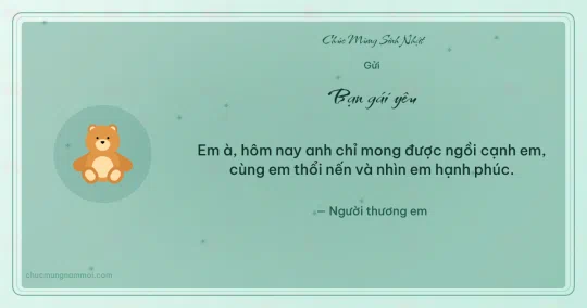 Thiệp sinh nhật cho bạn gái: Gấu bông trên nền xanh bạc hà