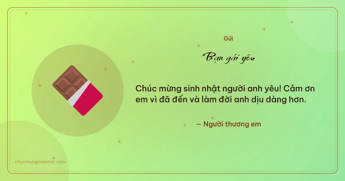 Thiệp sinh nhật cho bạn gái: Thanh sô-cô-la trên nền xanh lúa non. Chúc mừng sinh nhật người anh yêu! Cảm ơn em vì đã đến và là (Bản ngang)