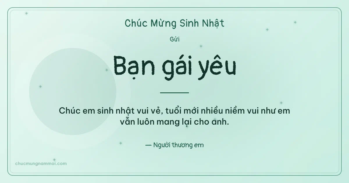 Thiệp sinh nhật cho bạn gái: Sao lấp lánh và vòng tròn lớn trên nền xanh bạc hà. Chúc em sinh nhật vui vẻ, tuổi mới nhiều niềm vui… (Bản ngang)