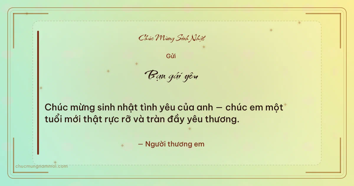 Thiệp sinh nhật: Sao lấp lánh tặng bạn gái. Chúc mừng sinh nhật tình yêu của anh — chúc em một tuổi mới  (Bản ngang)