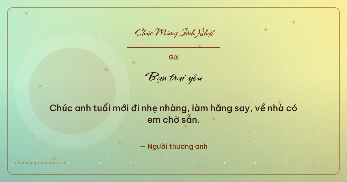 Thiệp sinh nhật cho bạn trai: Sao lấp lánh và vòng tròn lớn trên nền xanh cốm. Chúc anh tuổi mới đi nhẹ nhàng, làm hăng say… (Bản ngang)