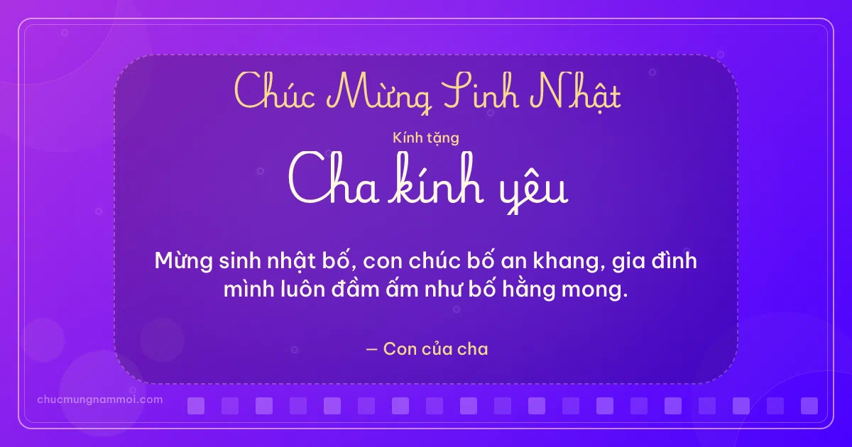 Thiệp sinh nhật cho cha: Bong bóng và ô vuông nhỏ trên nền tím thạch anh. Mừng sinh nhật bố, con chúc bố an khang… (Bản ngang)