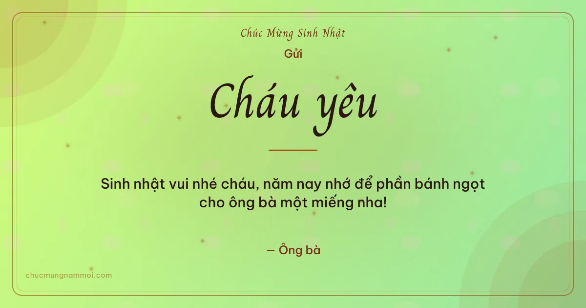Thiệp sinh nhật cho cháu: Sao lấp lánh và vòng đồng tâm trên nền xanh lúa non. Sinh nhật vui nhé cháu, năm nay nhớ… (Bản ngang)