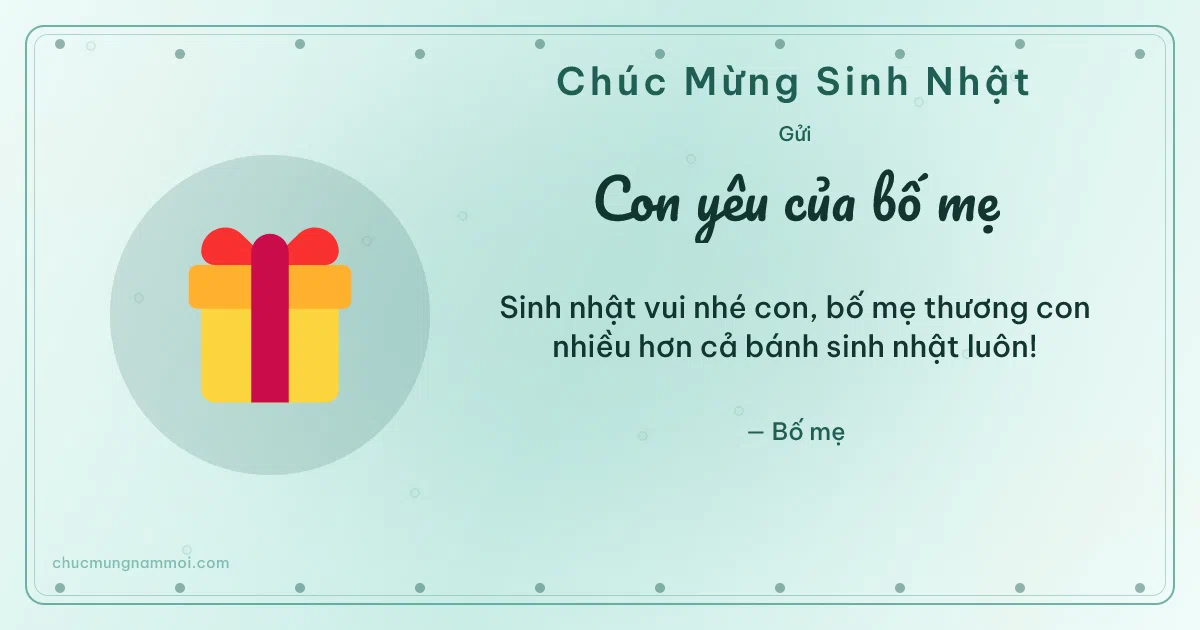 Thiệp sinh nhật cho con: Hộp quà trên nền xanh ngọc nước. Sinh nhật vui nhé con… (Bản ngang)