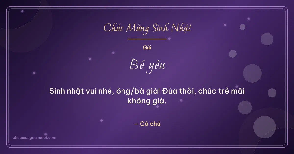 Thiệp sinh nhật cho em bé: Bong bóng trên nền tím đêm. Sinh nhật vui nhé, ông/bà già! Đùa thôi, chúc trẻ mãi không  (Bản ngang)