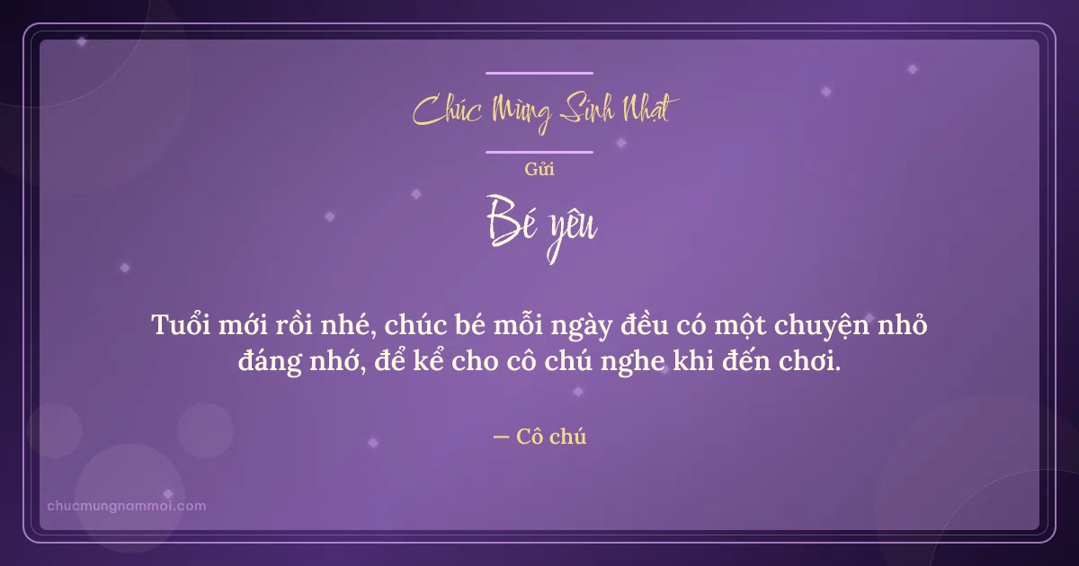 Thiệp sinh nhật cho em bé: Tím đêm rạng rỡ. Tuổi mới rồi nhé, chúc bé… (Bản ngang)