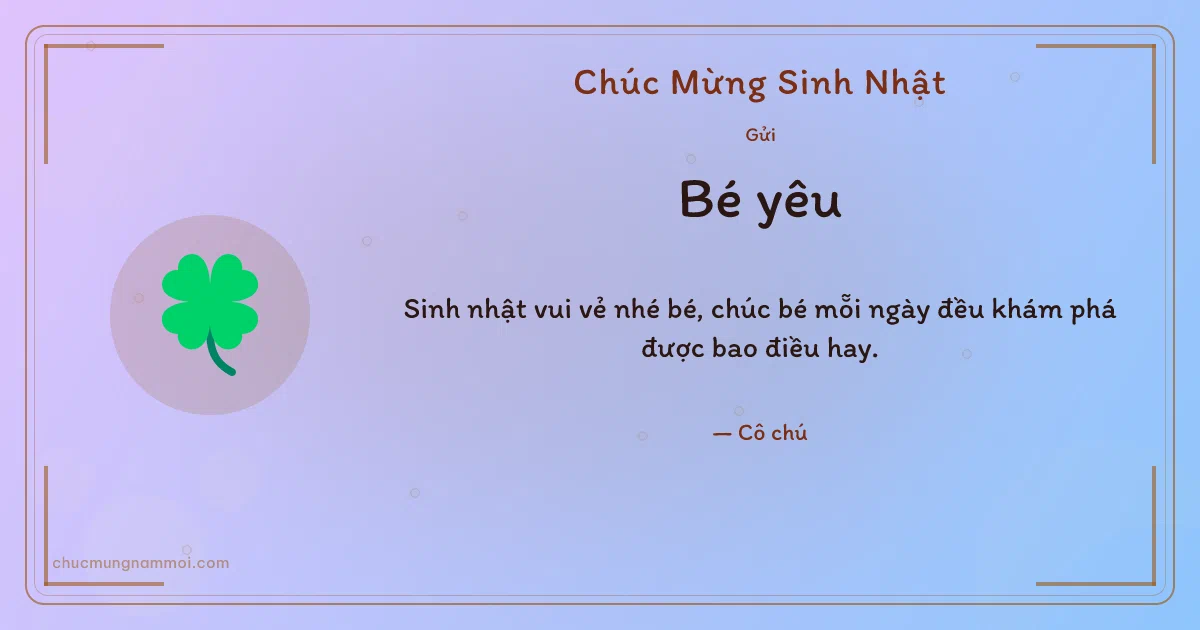 Thiệp sinh nhật cho em bé: Cỏ bốn lá trên nền tím tử đằng. Sinh nhật vui vẻ nhé bé, chúc bé… (Bản ngang)