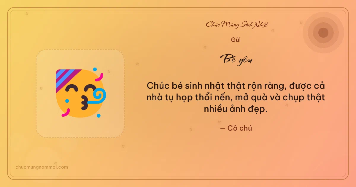 Thiệp sinh nhật cho em bé: Mặt cười dự tiệc trên nền nắng sớm. Chúc bé sinh nhật thật rộn ràng… (Bản ngang)