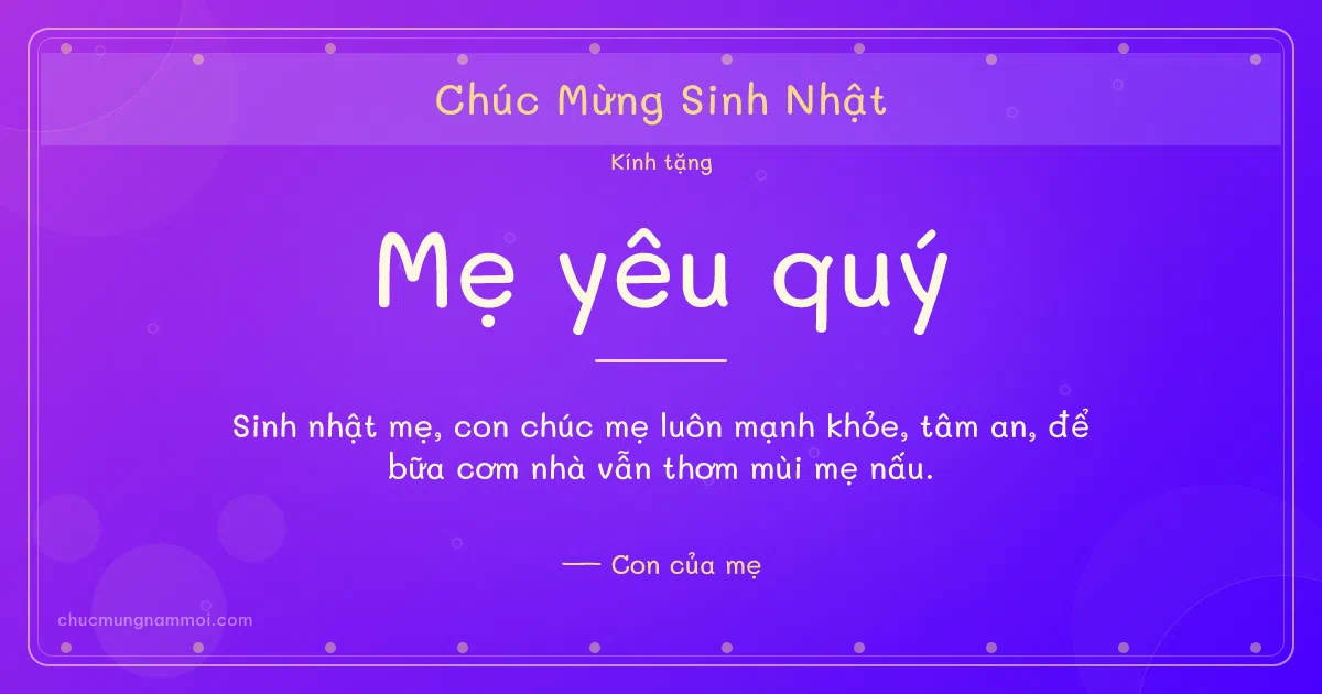 Thiệp sinh nhật cho mẹ: Hạt chấm trên nền tím thạch anh. Sinh nhật mẹ, con chúc mẹ luôn mạnh khỏe, tâm an… (Bản ngang)