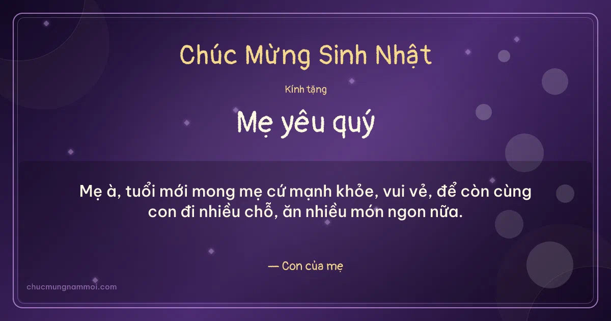 Thiệp sinh nhật cho mẹ: Tím đêm rộn ràng. Mẹ à, tuổi mới mong mẹ cứ mạnh khỏe, vui vẻ… (Bản ngang)