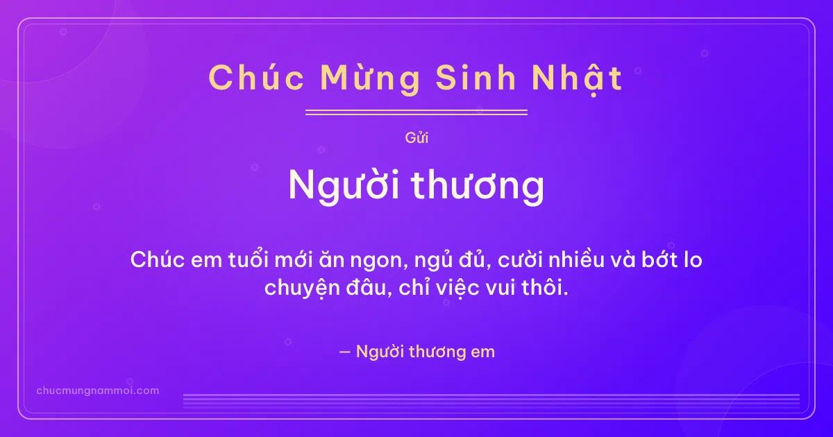 Thiệp sinh nhật cho người yêu: Bong bóng và sọc mảnh trên nền tím thạch anh. Chúc em tuổi mới ăn ngon, ngủ đủ, cười nhiều… (Bản ngang)