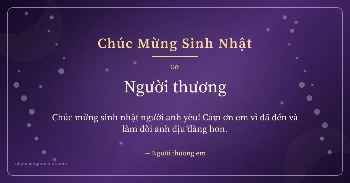 Thiệp sinh nhật cho người yêu: Mưa chấm trên nền tím đêm. Chúc mừng sinh nhật người anh yêu! Cảm ơn em vì đã đến và là (Bản ngang)