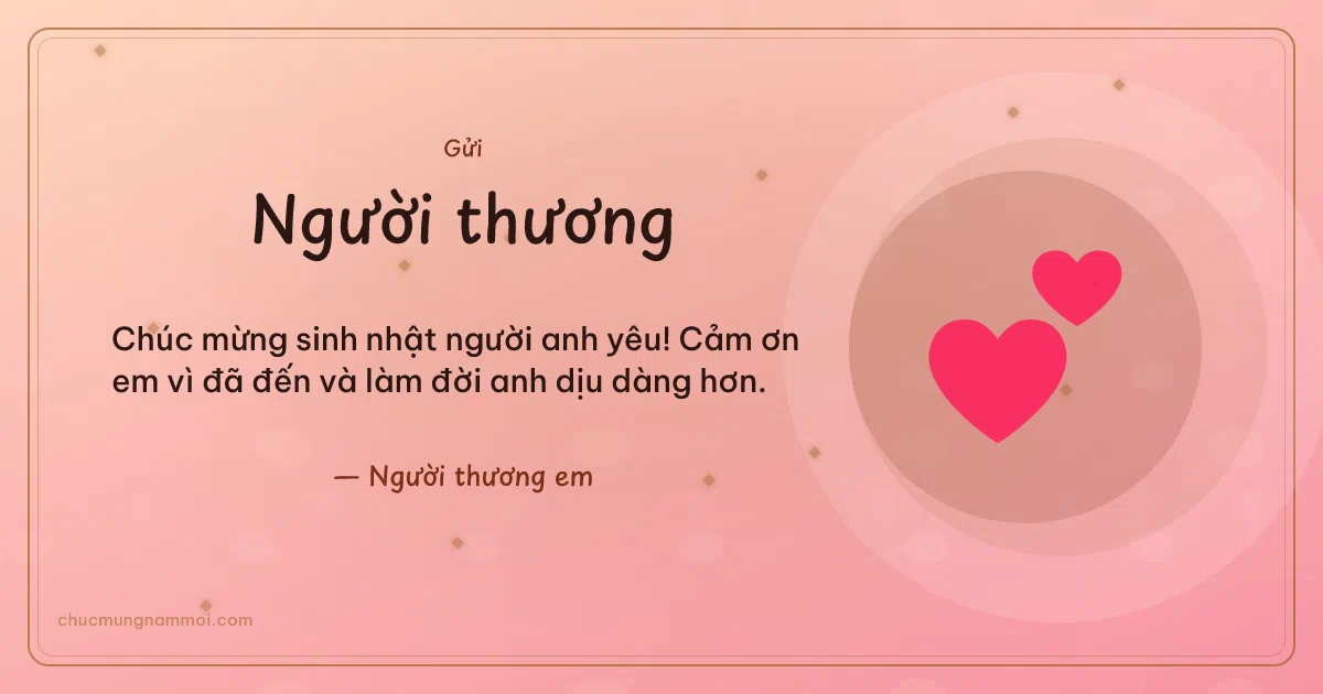 Thiệp sinh nhật cho người yêu: Hai trái tim trên nền hồng san hô. Chúc mừng sinh nhật người anh yêu! Cảm ơn em vì đã đến và là (Bản ngang)
