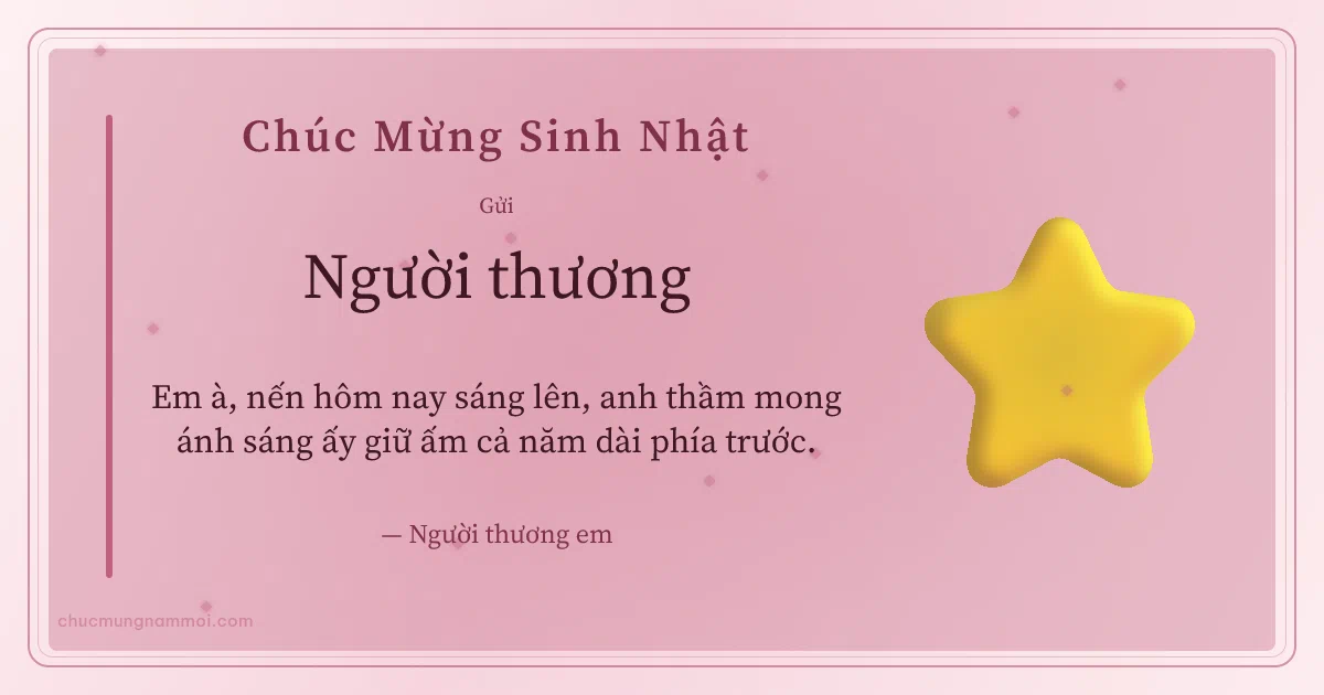 Thiệp sinh nhật cho người yêu: Ngôi sao trên nền hồng phấn nước. Em à, nến hôm nay sáng lên… (Bản ngang)