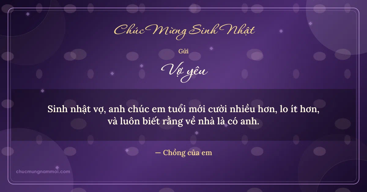 Thiệp sinh nhật cho vợ: Kim tuyến và vòng tròn lớn trên nền tím đêm. Sinh nhật vợ, anh chúc em tuổi mới cười nhiều hơn… (Bản ngang)