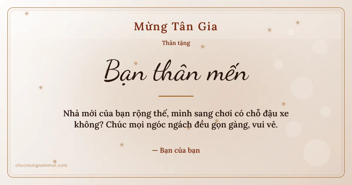 Thiệp tân gia cho bạn bè: Kim tuyến mừng nhà mới trên nền giấy dó. Nhà mới của bạn rộng thế… (Bản ngang)