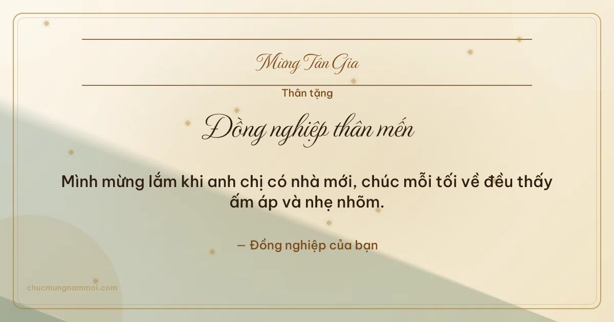 Thiệp tân gia cho đồng nghiệp: Kim tuyến mừng nhà mới. Mình mừng lắm khi anh chị có nhà mới… (Bản ngang)
