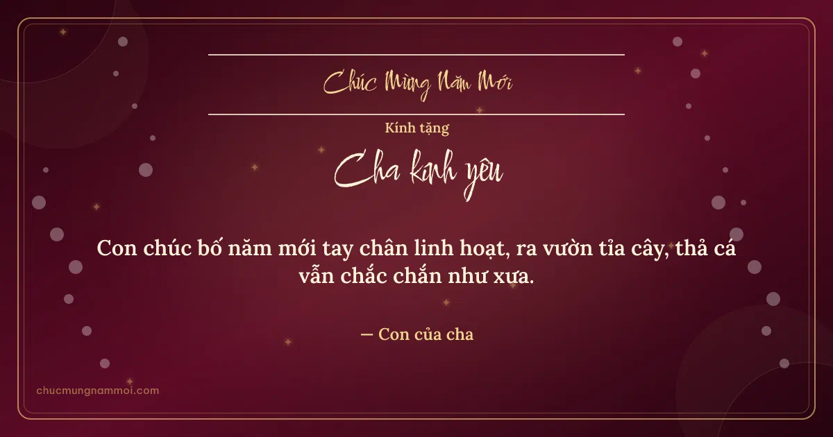 Thiệp Tết cho cha: Mưa chấm và sao lấp lánh đón xuân. Con chúc bố năm mới tay chân linh hoạt, ra vườn tỉa cây… (Bản ngang)