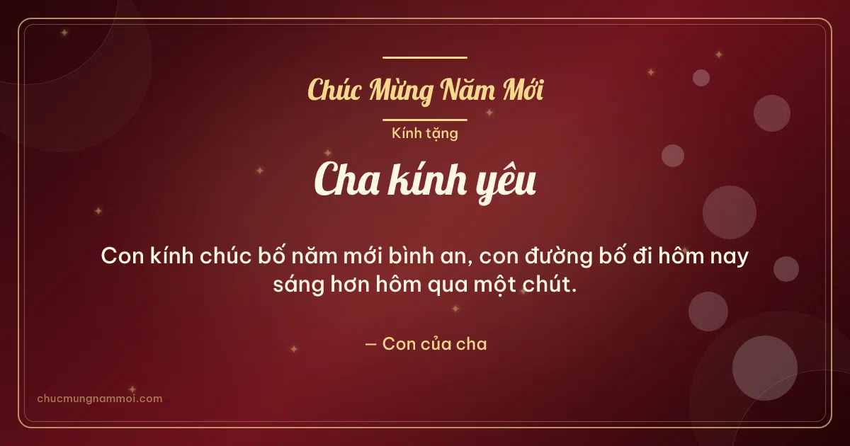 Thiệp Tết cho cha: Bong bóng và sao lấp lánh trên nền đỏ son. Con kính chúc bố năm mới bình an… (Bản ngang)