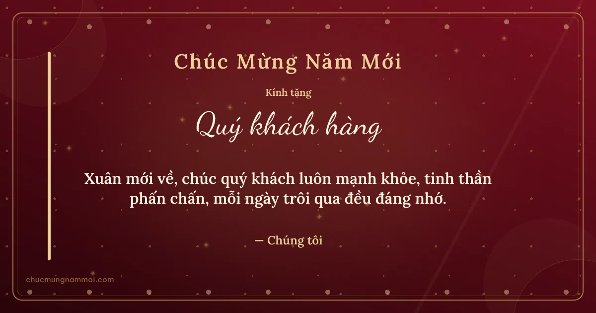 Thiệp Tết cho khách hàng: Sao lấp lánh và hạt chấm đón xuân. Xuân mới về, chúc quý khách luôn mạnh khỏe… (Bản ngang)