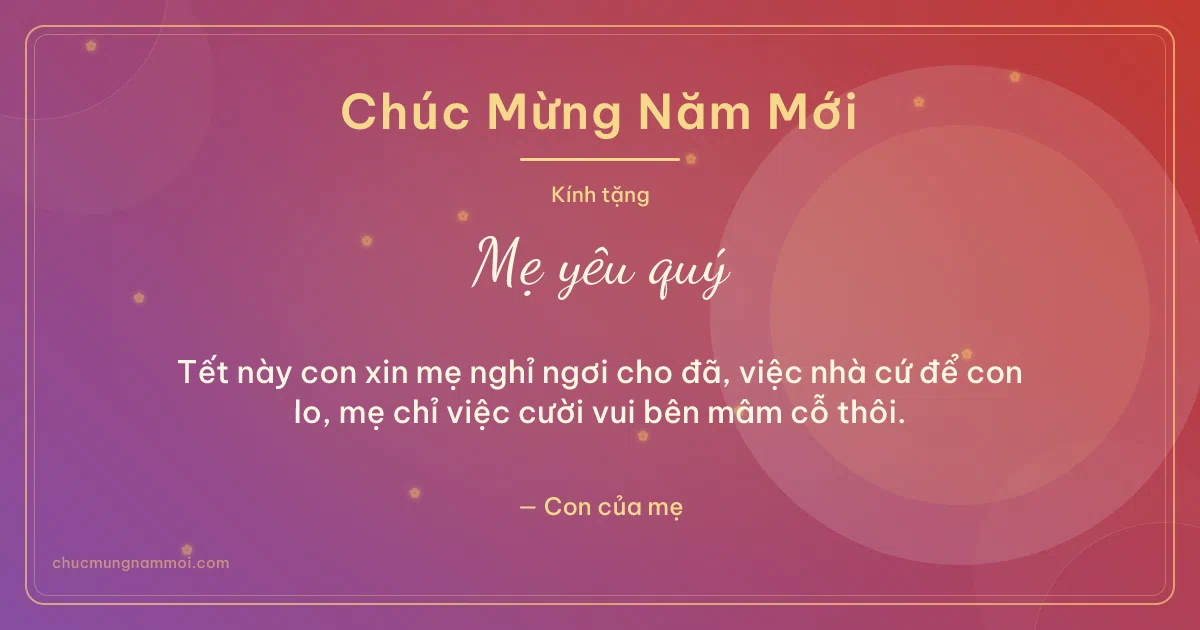 Thiệp Tết cho mẹ: Mai vàng và vòng tròn lớn trên nền tím mận. Tết này con xin mẹ nghỉ ngơi cho đã, việc nhà cứ để con lo… (Bản ngang)