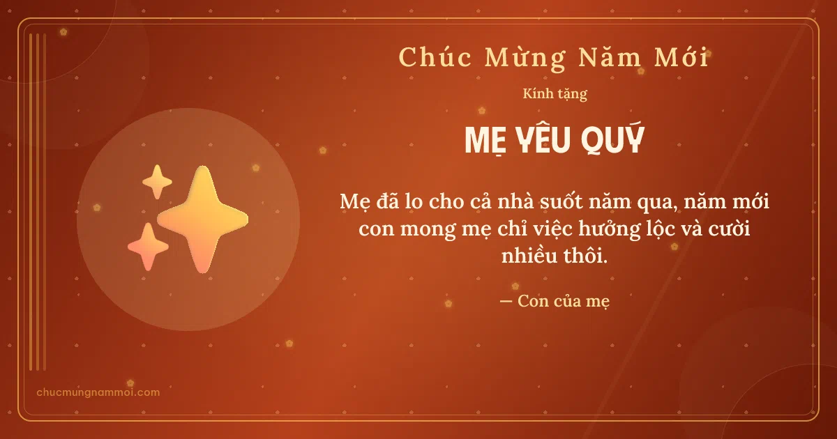 Thiệp Tết cho mẹ: Lấp lánh trên nền đỏ gấc. Mẹ đã lo cho cả nhà suốt năm qua… (Bản ngang)