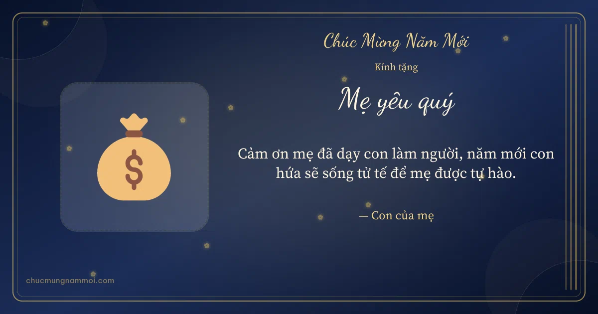 Thiệp Tết cho mẹ: Túi tiền đón xuân. Cảm ơn mẹ đã dạy con làm người… (Bản ngang)