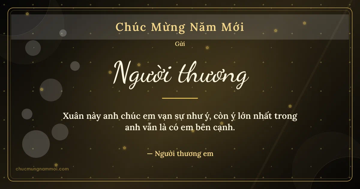 Thiệp Tết cho người yêu: Bong bóng và mai vàng trên nền đen ánh kim. Xuân này anh chúc em vạn sự như ý… (Bản ngang)